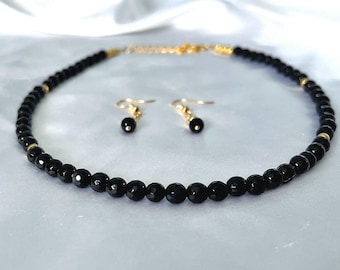Black Onyx Necklace and Earring Set: Faceted Bead Choker