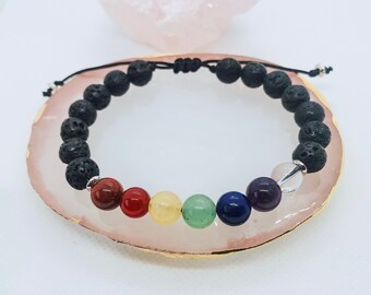 Chakra Bracelet, Lava stone essential oil diffuser bracelet, crystal healing meditation and yoga Bracelet.