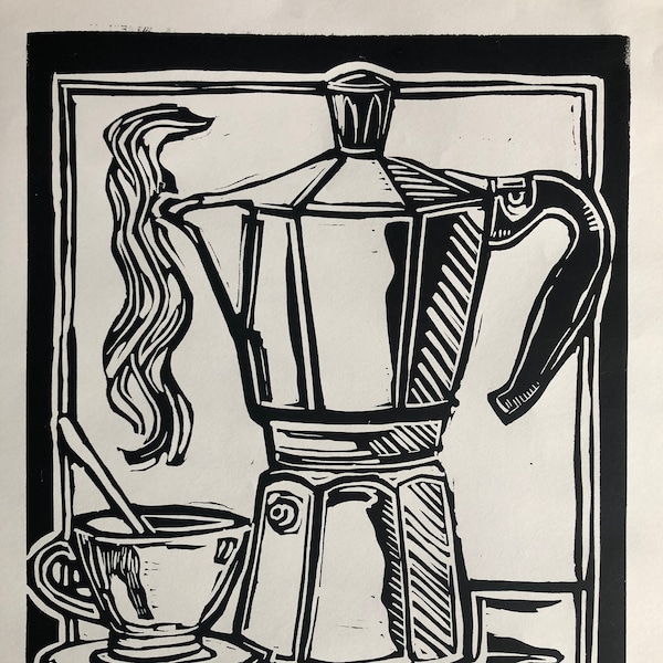 Java Jive, Café Italien Original Art Print Linogravure Signé