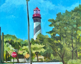 Faro en Anastasia, acrílico y gouache sobre lienzo, pintura al óleo original.