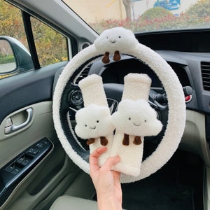 Steering Wheel Cover cute smiley cloud for women, kawaii leaf seat belt cover Car Accessories decorations