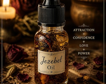 May include: A clear glass bottle of Jezebel Oil with a black dropper top. The label reads "Jezebel Oil" and the bottle contains herbal ingredients. The image includes text that says "Attraction, Confidence, Love, Power".