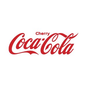 May include: The Cherry Coca-Cola logo features the iconic red script lettering of the Coca-Cola brand name with the word Cherry written in a simple, clean, sans-serif font centred directly above the first part of the main brand name.