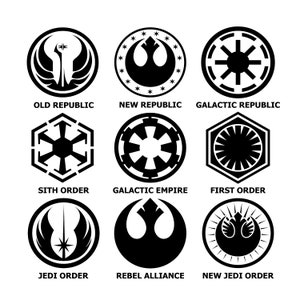 May include: Black and white illustrations of nine different Star Wars faction logos, including the Old Republic, New Republic, Galactic Republic, Sith Order, Galactic Empire, First Order, Jedi Order, Rebel Alliance, and New Jedi Order.