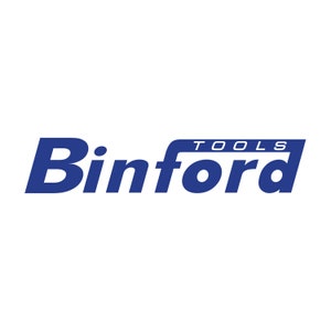 Pode incluir: Um logotipo azul com a palavra "Binford" em uma fonte em negrito e estilizada. A palavra "TOOLS" aparece em letras menores acima da palavra "Binford".