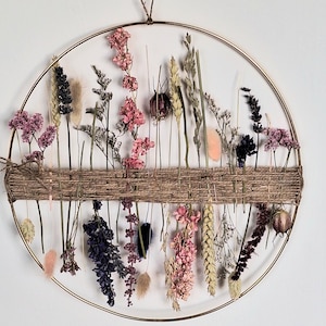 Dried Flower Wreath Gold Hoop, Summer colours. Home Decoration