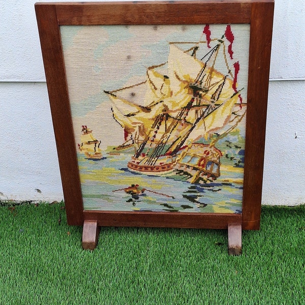 Tapestry vintage fire screen. guard. homeware. decorative. fire side  accessory. small furniture.