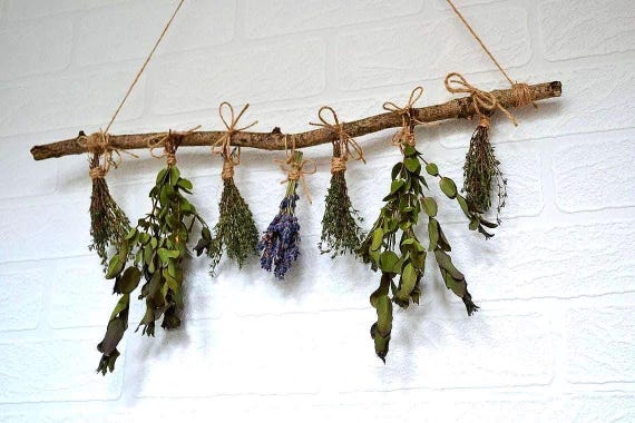 Dried Herb Wall Hanging bar. 7 pieces. Thyme, Lavender, Eucalyptus, Rustic decorative. home Décor