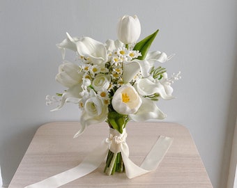 Bouquet de fleurs en soie Lys Calla blanc, Bouquet de mariage, Bouquet de fleurs en soie