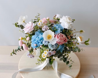 Pastel Bloom - Baby Pink and  Blue Hydrangea and Poppy Artificial Wedding Bridal Bouquet