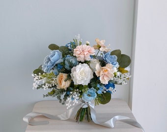 Blue & White Silk Bridal Bouquet, Wedding Bouquet, Silk Flower Bouquet, Faux Bouquet, Artificial Flower Bouquet