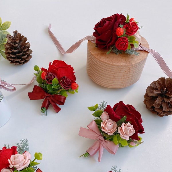 Red/ Burgundy tone Rose Boutonniere, Wedding Corsage, Wrist corsage, Prom flower, Groom Boutonniere, Buttonhole