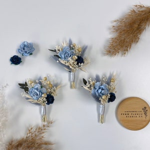 Dusty Blue  and Navy Rose Dried Flower Boutonniere, Prom flower, Groom Boutonniere, Buttonhole