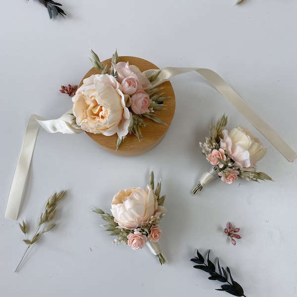 Sage Green Wheat and Ivory Peony Boutonniere Wedding Corsage, Wrist corsage, Prom flower, Groom Boutonniere, Buttonhole