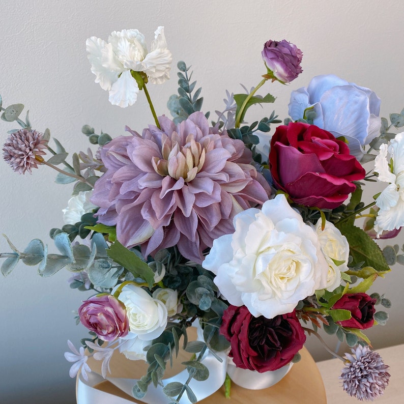 Purple Dahlia and Burgundy Rose Silk Flower Bouquet, Wedding Bouquet, Bridal Bouquet, Silk Flower Bouquet image 2