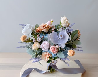 Peach, Lilac, Pink and Blue  Bridal Bouquet, Wedding Bouquet, Silk Flower Bouquet, Artificial Bouquet, Faux Flower Bouquet