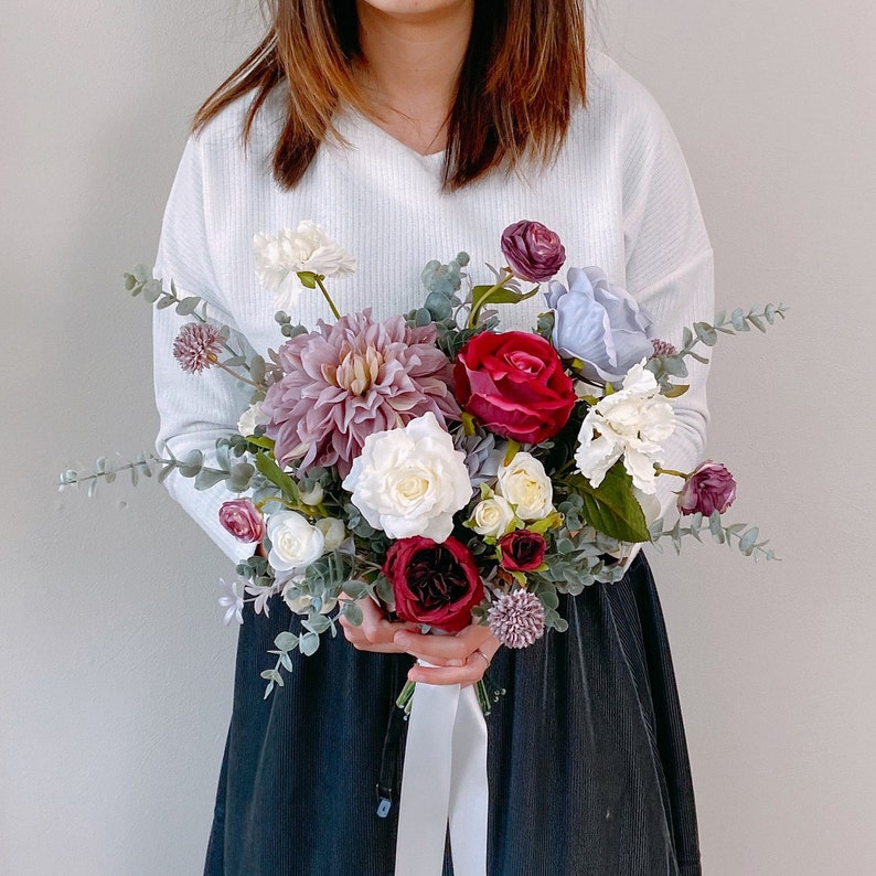 Purple Dahlia and Burgundy Rose Silk Flower Bouquet, Wedding Bouquet, Bridal Bouquet, Silk Flower Bouquet image 5