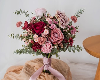 Ramo artificial de rosas antiguas - Arreglo floral de boda con rosas rojas y rosas