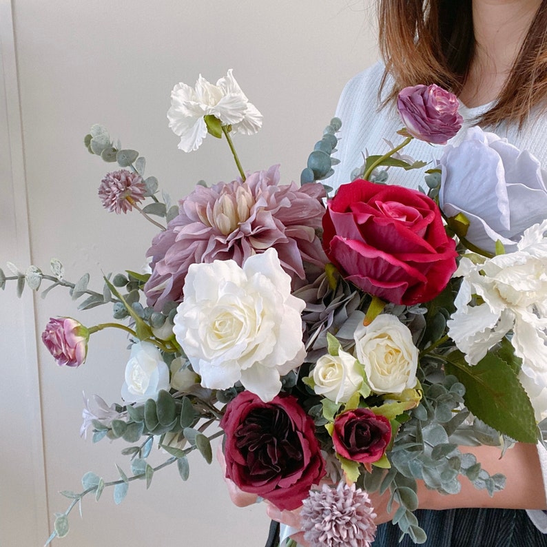 Purple Dahlia and Burgundy Rose Silk Flower Bouquet, Wedding Bouquet, Bridal Bouquet, Silk Flower Bouquet image 3