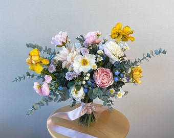 Dahlia, Poppy and Daisy Wild and Natural Style Silk Flower Bouquet, Wedding Bouquet, Faux Flower