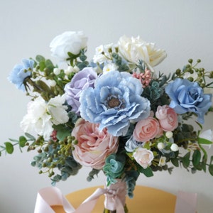 Lilac, Vintage Blue, Blush and Ivory Bridal Bouquet, Wedding Bouquet, Bridesmaids Bouquet, Silk Flower Bouquet image 2