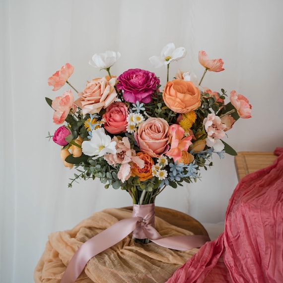 Sunshine Bliss Artificial Bouquet - Pink & Peachy Orange