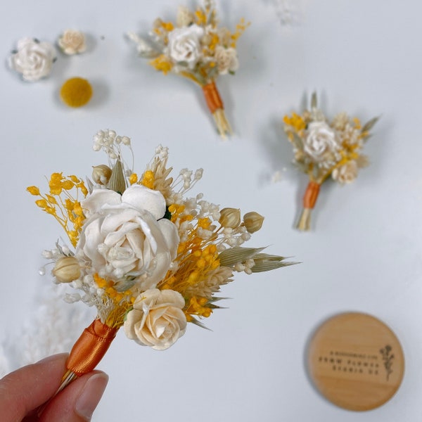 White and light Yellow Boho Dried Flower Rose Boutonniere, Prom flower, Groom Boutonniere, Buttonhole