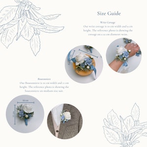 Puede incluir: Gu&iacute;a de tallas para un brazalete de mu&ntilde;eca y una boutonni&egrave;re. El brazalete de mu&ntilde;eca tiene 10 cm de ancho y 9 cm de alto. La boutonni&egrave;re tiene 10 cm de ancho y 11 cm de alto. Ambos est&aacute;n hechos con flores blancas y azules.