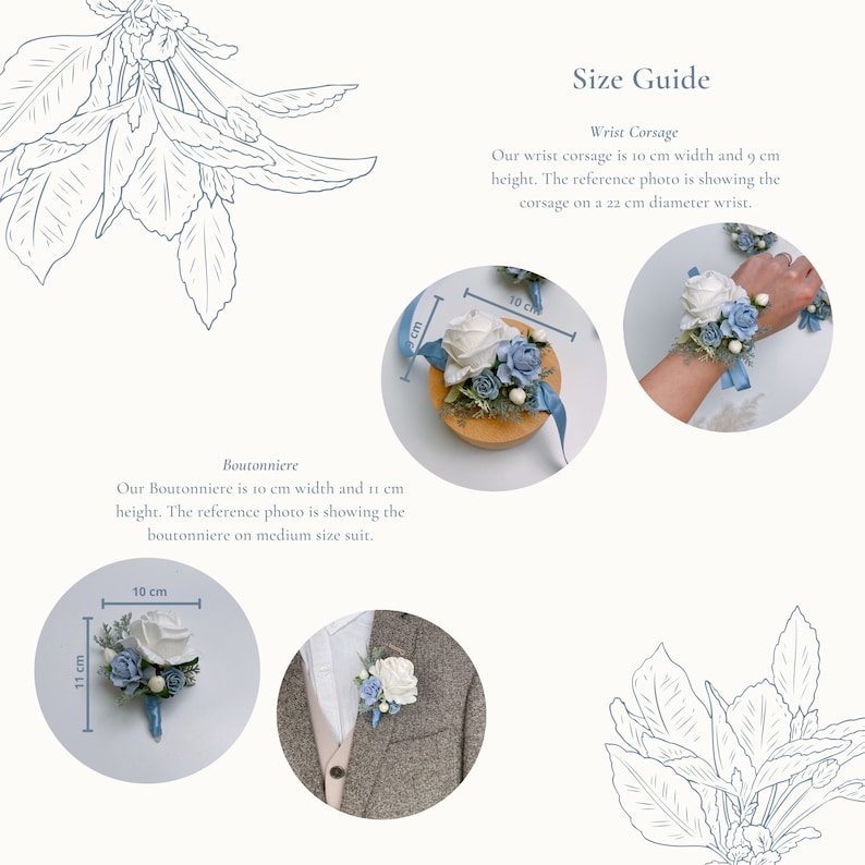 Puede incluir: Gu&iacute;a de tallas para un brazalete de mu&ntilde;eca y una boutonni&egrave;re. El brazalete de mu&ntilde;eca tiene 10 cm de ancho y 9 cm de alto. La boutonni&egrave;re tiene 10 cm de ancho y 11 cm de alto. Ambos est&aacute;n hechos con flores blancas y azules.