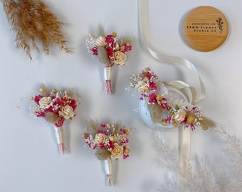 Cream Rose and Hot Pink Dried Flower Rabbit Tails Boho Boutonniere, Buttonholes, Corsage, Wrist Corsage