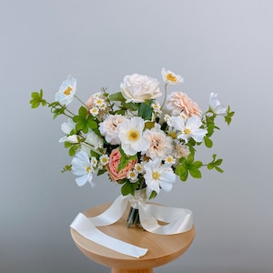 Poppy, Daisy, Cosmo Natural Wild Style White and Peach Tone Silk Flower Bouquet, Wedding Bouquet, Faux Flower Bouquet