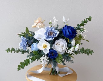 Blue & White Silk Bridal Bouquet, Wedding Bouquet, Silk Flower Bouquet