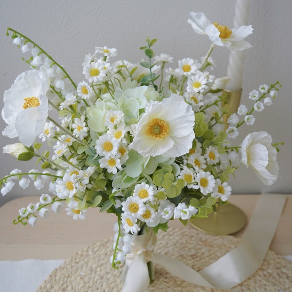 Daisy, Poppy, Lily of the Valley Garden Style Silk Flower Bridal Bouquet, Wedding Bouquet, Faux Bouquet, Artificial Flower Bouquet