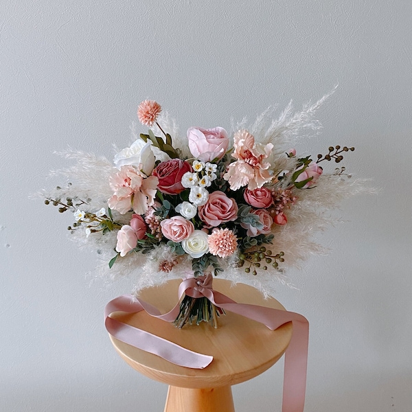 Dusty Pink Pampas grass Boho ramo de flores de seda, ramo de novia, ramo de novia, ramo de flores de imitación