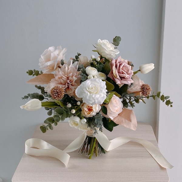 Bouquet de mariée en soie ivoire et fard à joues, bouquet de mariage, bouquet de fleurs en soie