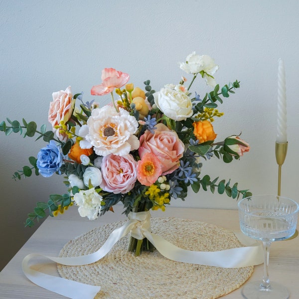 Bouquet de fleurs en soie orange, pêche et bleu vieux rose et pavot, bouquet de demoiselles d'honneur, bouquet de mariage, faux bouquet, fleur artificielle