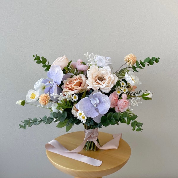 Bouquet de mariée en soie lilas violet et pêche, bouquet de mariage, bouquet de fleurs en soie