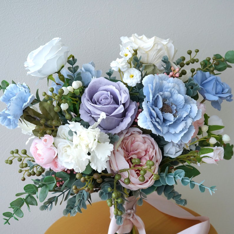 Lilac, Vintage Blue, Blush and Ivory Bridal Bouquet, Wedding Bouquet, Bridesmaids Bouquet, Silk Flower Bouquet image 3