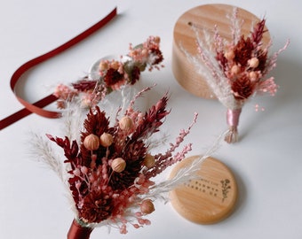 Burgundy and Dusty Pink Dried Flower Boutonniere, Wedding Corsage, Wrist corsage, Prom flower, Groom Boutonniere, Buttonhole