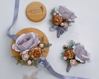 Purple Rose Silk Flower Boutonniere and Wrist Corsage, Buttonhole, Groom's Boutonniere, Groomsmen, Prom.