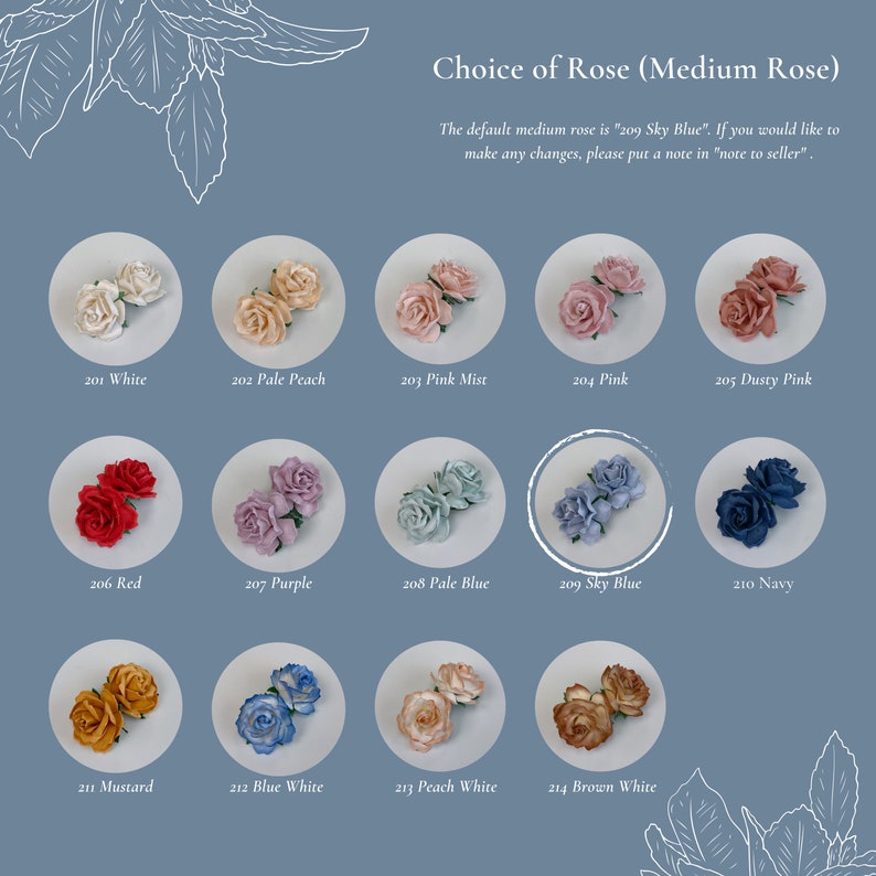 Puede incluir: Un gr&aacute;fico que muestra 14 opciones de color diferentes para rosas de papel de tama&ntilde;o mediano. El color predeterminado es "209 Sky Blue". El texto "Choice of Rose (Medium Rose)" est&aacute; en la parte superior del gr&aacute;fico. El texto "The default medium rose is "209 Sky Blue". If you would like to make any changes, please put a note in "note to seller"." est&aacute; debajo del gr&aacute;fico.