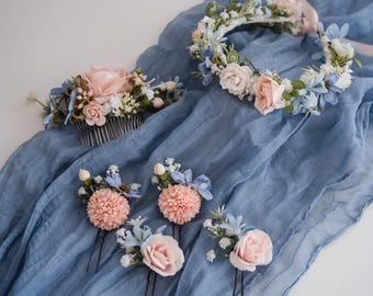 Misty Bloom - Corona di rose blu e rosa, pettine e forcine per capelli