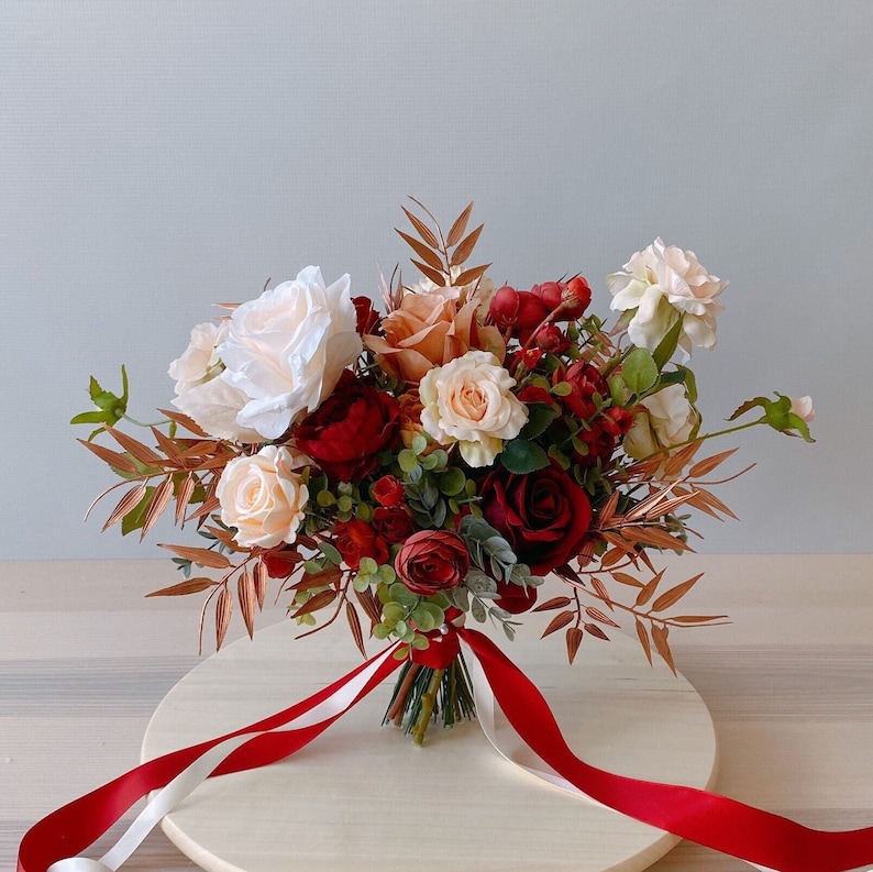 Vintage Red, Rose Gold and Champagne Silk Bridal Bouquet, Wedding Bouquet, Bridesmaids Bouquet, Silk Flower Bouquet image 1