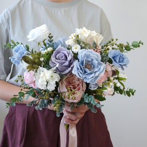 Lilac, Vintage Blue, Blush and Ivory Bridal Bouquet, Wedding Bouquet, Bridesmaids Bouquet, Silk Flower Bouquet image 7