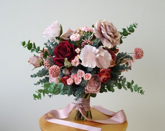 Burgundy & Pink Orchid  Silk Flower Bridal Bouquet, Bridesmaids Bouquet, Wedding Bouquet, Faux Bouquet, Artificial Flower Bouquet