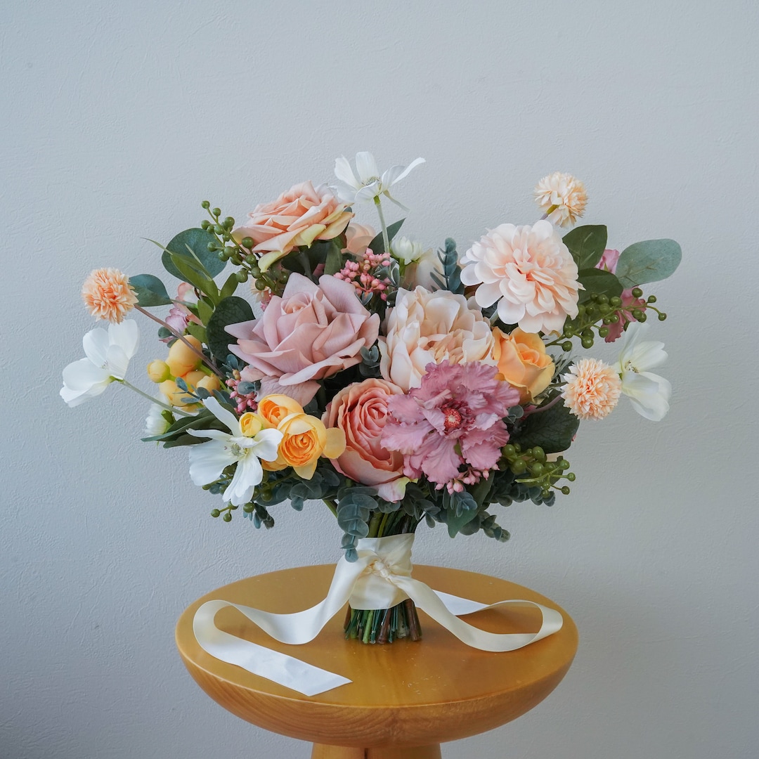 Peach Tone Silk Flower Bridal Bouquet, Bridesmaids Bouquet, Wedding ...