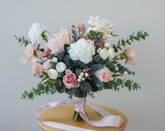 Soft Blush Pink and White, Bridal Bouquet, Wedding Bouquet, Silk Flower Bouquet, Faux Bouquet