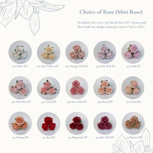 Puede incluir: Un gr&aacute;fico que muestra 15 colores diferentes de mini rosas de papel. Los colores incluyen blanco, amarillo p&aacute;lido, rosa vintage, rosa p&aacute;lido, rosa, rosa niebla, coral, rosa rosa, melocot&oacute;n, melocot&oacute;n, naranja, rojo, burdeos, rosa intenso y marr&oacute;n. La mini rosa predeterminada es "318 Blueish Sliver (P)". Si desea realizar alg&uacute;n cambio, deje una nota en "nota al vendedor".