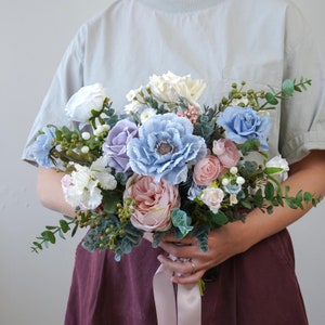 Lilac, Vintage Blue, Blush and Ivory Bridal Bouquet, Wedding Bouquet, Bridesmaids Bouquet, Silk Flower Bouquet image 5