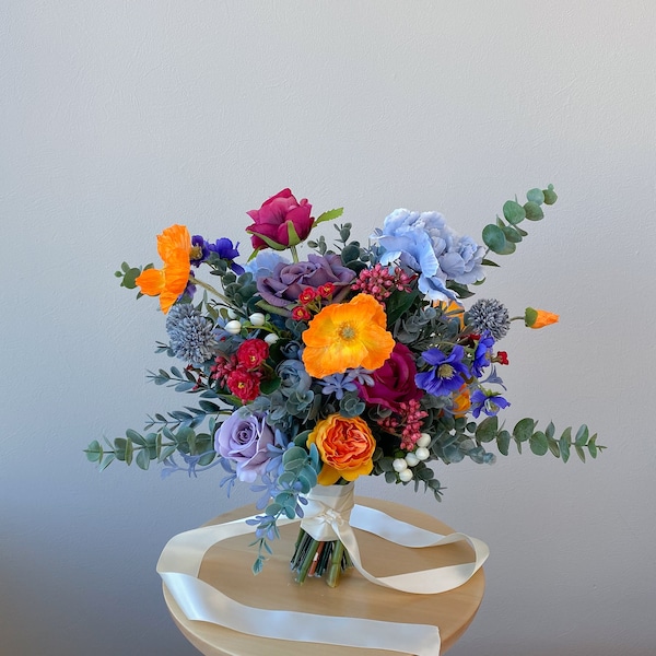 Blue and orange silk flower bouquet